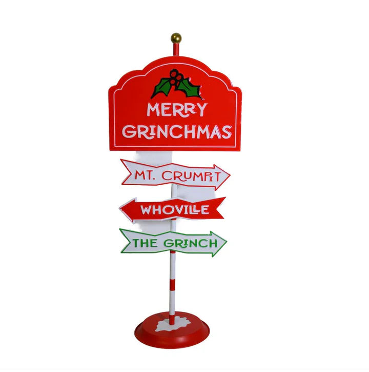 Dr. Seuss Grinch Stand Sign featuring a colorful freestanding Grinch character with festive holiday design.