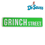 Dr. Seuss Grinch Street Sign with colorful Whoville-inspired design and bold Grinch-themed lettering.