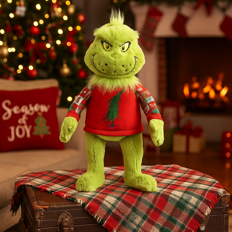 Dr. Seuss Grinch plush toy wearing a red ugly Christmas sweater, 38cm tall