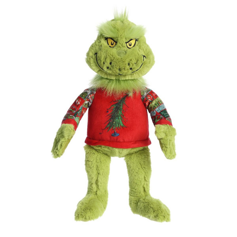 Dr. Seuss Grinch plush toy wearing a red ugly Christmas sweater, 38cm tall