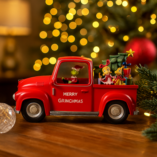Dr. Seuss Grinch driving red ute with Christmas tree, 19cm festive decoration