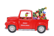 Dr. Seuss Grinch driving red ute with Christmas tree, 19cm festive decoration