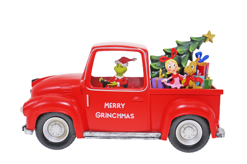 Dr. Seuss Grinch driving red ute with Christmas tree, 19cm festive decoration