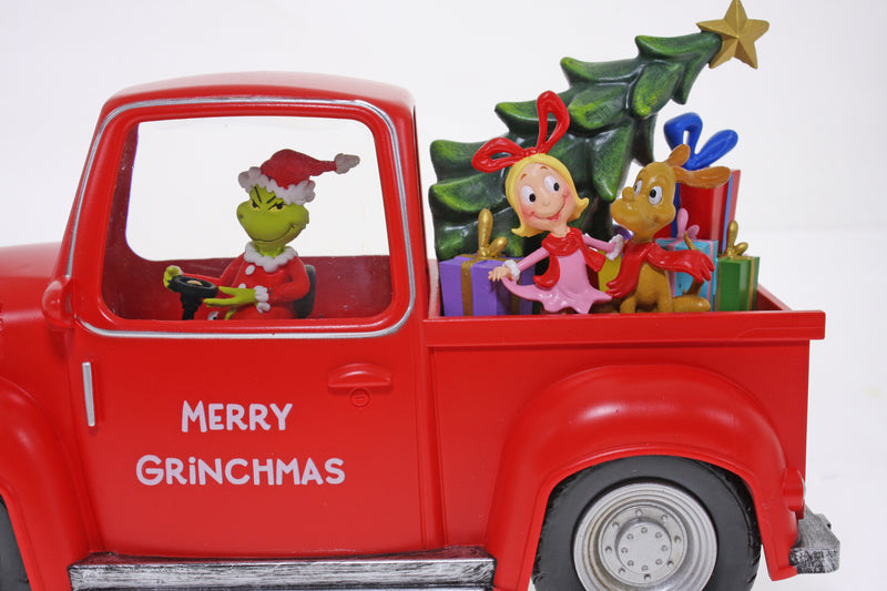 Dr. Seuss Grinch driving red ute with Christmas tree, 19cm festive decoration