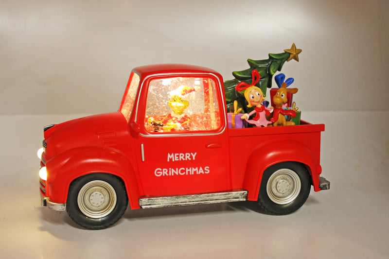 Dr. Seuss Grinch driving red ute with Christmas tree, 19cm festive decoration