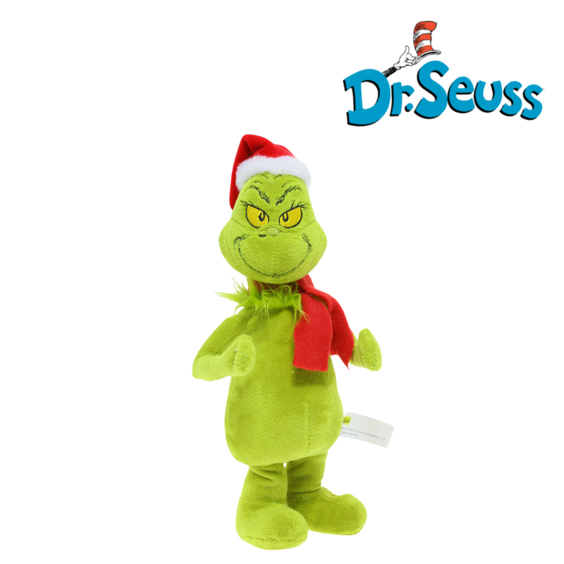 Dr. Seuss Grinch Waddler wearing Santa hat and red scarf, 17x12x27cm, animated holiday decoration