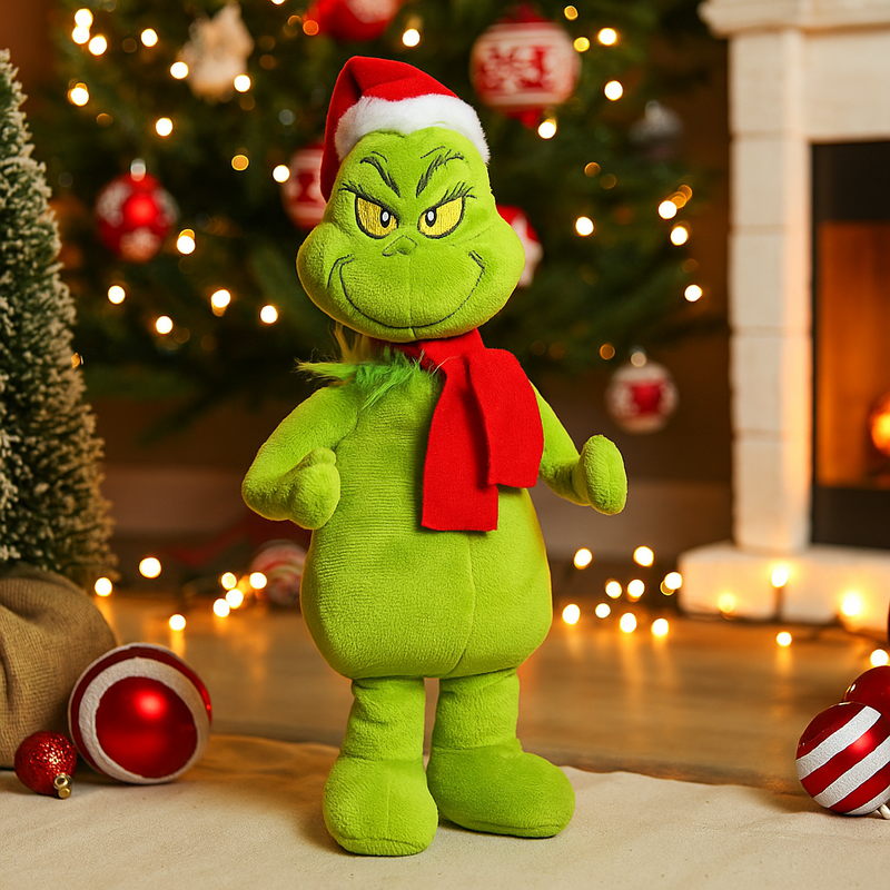 Dr. Seuss Grinch Waddler wearing Santa hat and red scarf, 17x12x27cm, animated holiday decoration