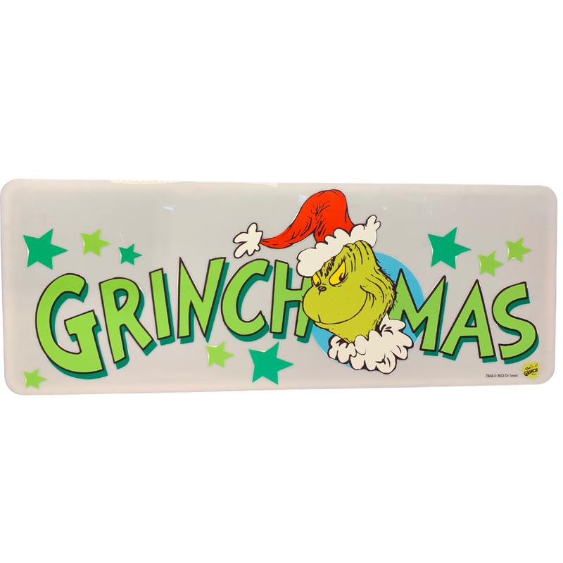 Dr. Seuss Grinchmas Acrylic Indoor Sign featuring the Grinch with "Merry Grinchmas" text, 80cm.