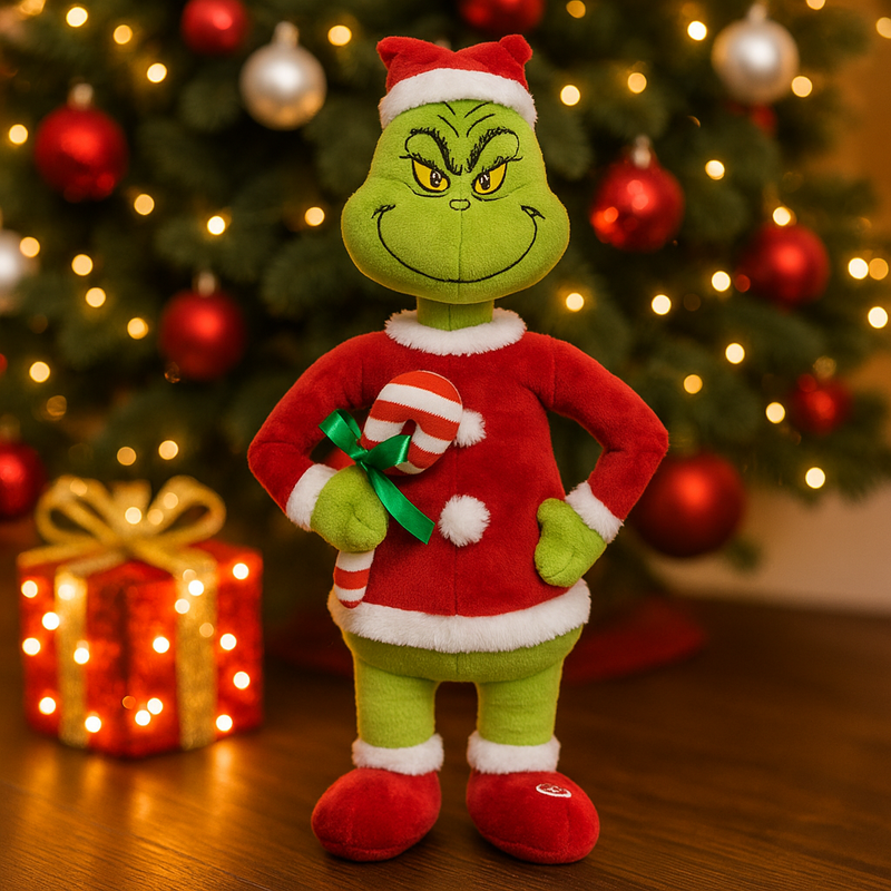 Dr. Seuss Happy Shuffle-Grinch figurine holding a red-and-white candy cane, wearing a Santa suit, mid-step with a playful grin.