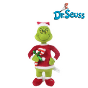 Dr. Seuss Happy Shuffle-Grinch figurine holding a red-and-white candy cane, wearing a Santa suit, mid-step with a playful grin.