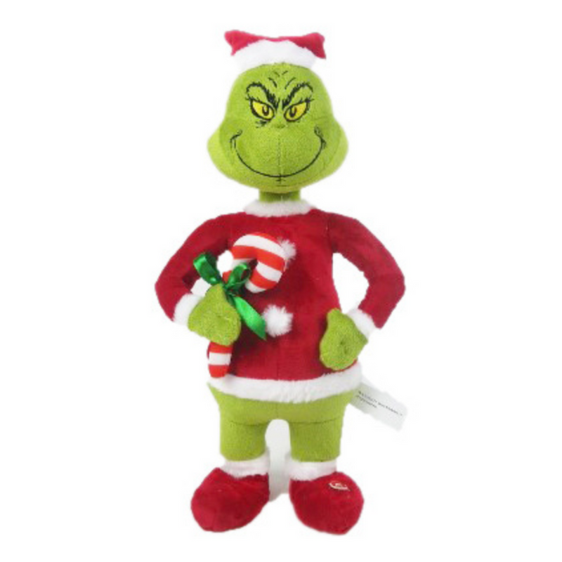 Dr. Seuss Happy Shuffle-Grinch figurine holding a red-and-white candy cane, wearing a Santa suit, mid-step with a playful grin.