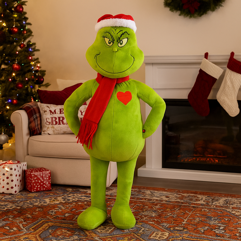 59cm tall Dr. Seuss Holiday Greeter featuring the Grinch in a Santa suit holding a glowing red heart, perfect for Christmas décor.