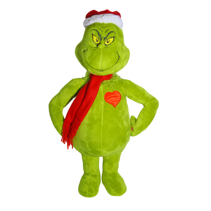 59cm tall Dr. Seuss Holiday Greeter featuring the Grinch in a Santa suit holding a glowing red heart, perfect for Christmas décor.