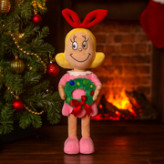 Dr. Seuss Cindy Lou Who holiday figure holding a green Christmas wreath, standing 53cm tall, in pink festive outfit.