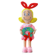 Dr. Seuss Cindy Lou Who holiday figure holding a green Christmas wreath, standing 53cm tall, in pink festive outfit.