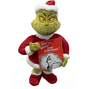 47cm Dr. Seuss Holiday Greeter Grinch in Santa Suit Holding Storybook – thumbnail