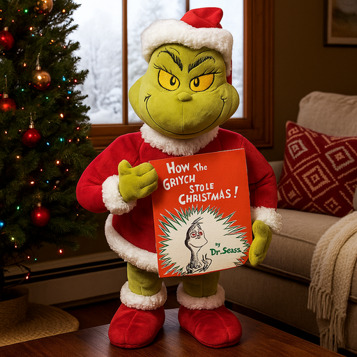 47cm Dr. Seuss Holiday Greeter Grinch in Santa Suit Holding Storybook