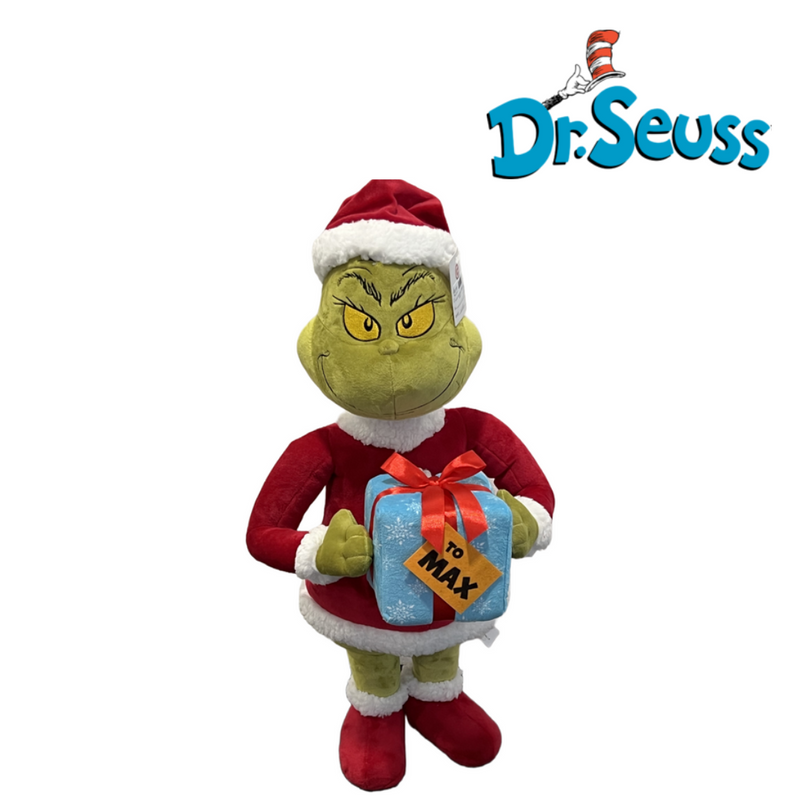 56cm Dr. Seuss Holiday Greeter Grinch Holding Gift for Max in Santa Outfit