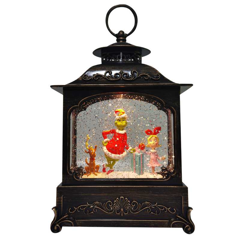 Dr. Seuss 30cm lantern with The Grinch and Cindy-Lou Who inside, glowing LED light and swirling glitter