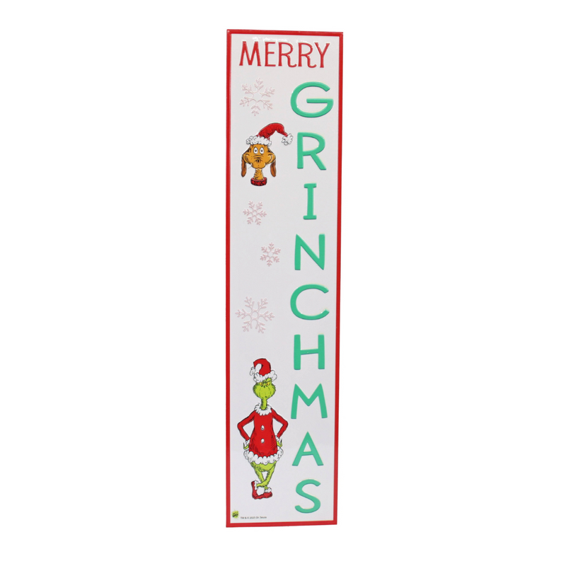 Dr. Seuss Long Rectangle Merry Grinchmas Sign 18.5x80cm featuring colorful Grinch design and bold holiday lettering.