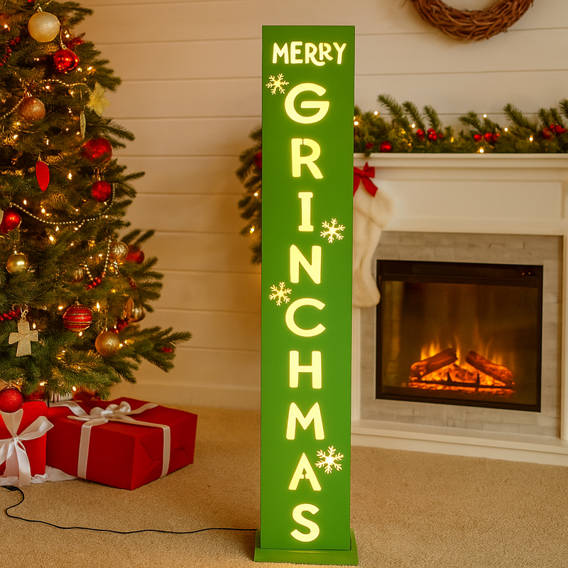 Dr. Seuss Merry Grinchmas Sign Post 120cm with colorful Grinch-themed design for holiday décor.