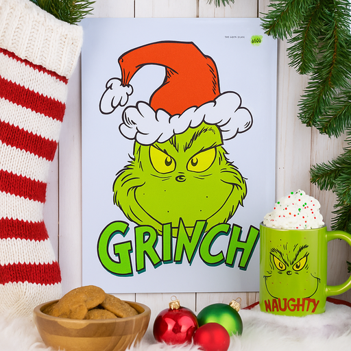 Dr. Seuss Metal Grinch Head wall décor with mischievous smile, 35x24cm.