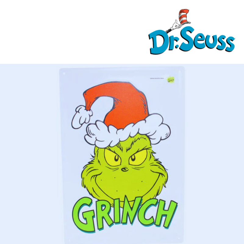 Dr. Seuss Metal Grinch Head wall décor with mischievous smile, 35x24cm.