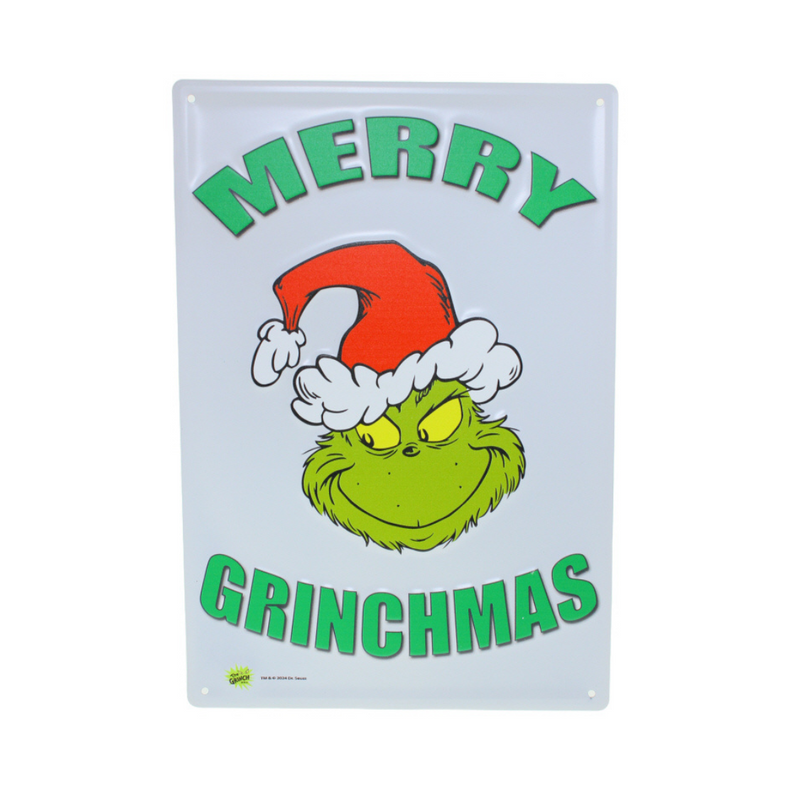 Dr. Seuss Grinch metal sign with “Merry Grinchmas” text, 35x24cm, festive wall décor in classic Grinch design.