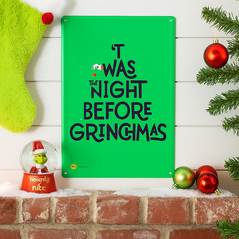 Dr. Seuss metal wall sign with “Night B4 Grinchmas” design in red and green, 35x24cm