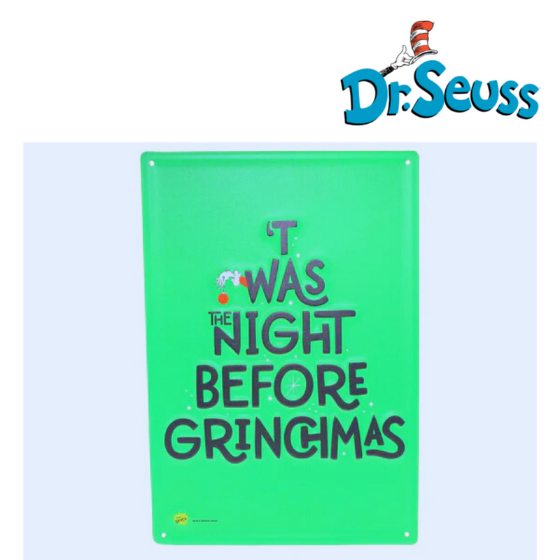 Dr. Seuss metal wall sign with “Night B4 Grinchmas” design in red and green, 35x24cm