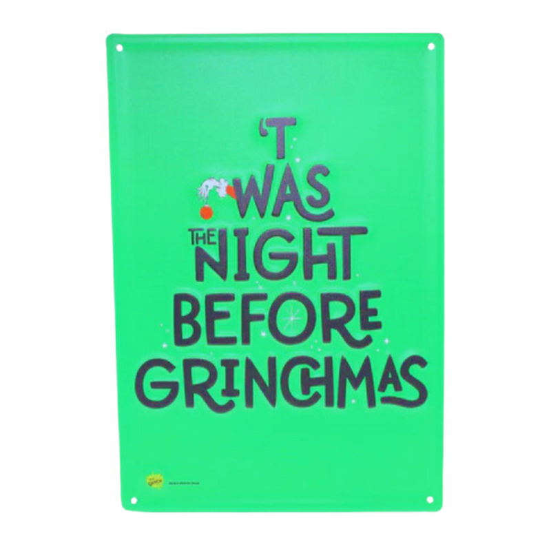 Dr. Seuss metal wall sign with “Night B4 Grinchmas” design in red and green, 35x24cm