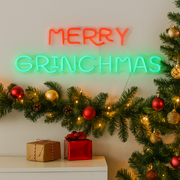 Dr. Seuss Neon Merry Grinchmas light sign featuring festive LED glow and whimsical Grinch-themed holiday lettering.