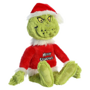 Merry Grinchmas Grinch plush toy wearing a red Santa outfit with "Merry Grinchmas" text, perfect for holiday decoration or gifting.