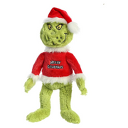 Merry Grinchmas Grinch plush toy wearing a red Santa outfit with "Merry Grinchmas" text, perfect for holiday decoration or gifting.