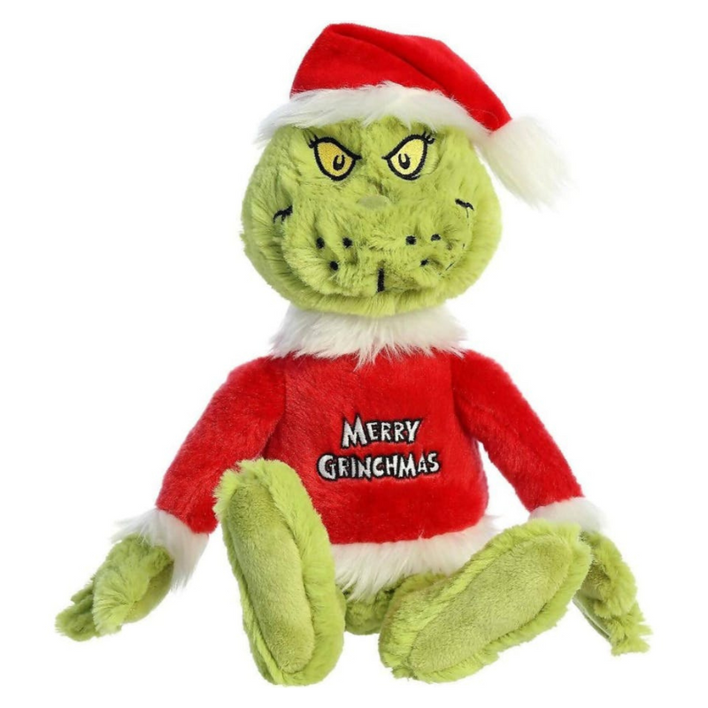 Merry Grinchmas Grinch plush toy wearing a red Santa outfit with "Merry Grinchmas" text, perfect for holiday decoration or gifting.