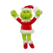 Merry Grinchmas Grinch plush toy dressed in a red Santa outfit holding holiday ornaments in each hand, a perfect festive decoration or Christmas gift.