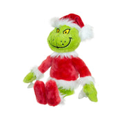 Merry Grinchmas Grinch plush toy dressed in a red Santa outfit holding holiday ornaments in each hand, a perfect festive decoration or Christmas gift.