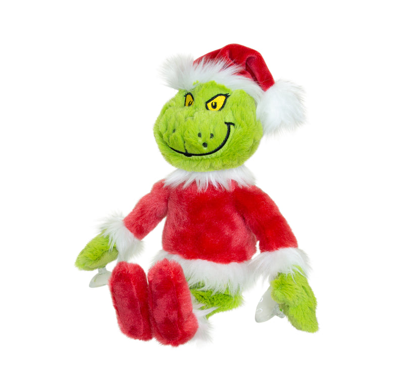 Merry Grinchmas Grinch plush toy dressed in a red Santa outfit holding holiday ornaments in each hand, a perfect festive decoration or Christmas gift.