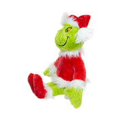 Merry Grinchmas Grinch plush toy dressed in a red Santa outfit holding holiday ornaments in each hand, a perfect festive decoration or Christmas gift.