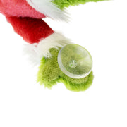 Merry Grinchmas Grinch plush toy dressed in a red Santa outfit holding holiday ornaments in each hand, a perfect festive decoration or Christmas gift.