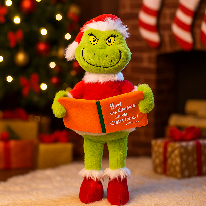 40.64cm plush Grinch in Santa suit reading a book, soft and cuddly holiday toy