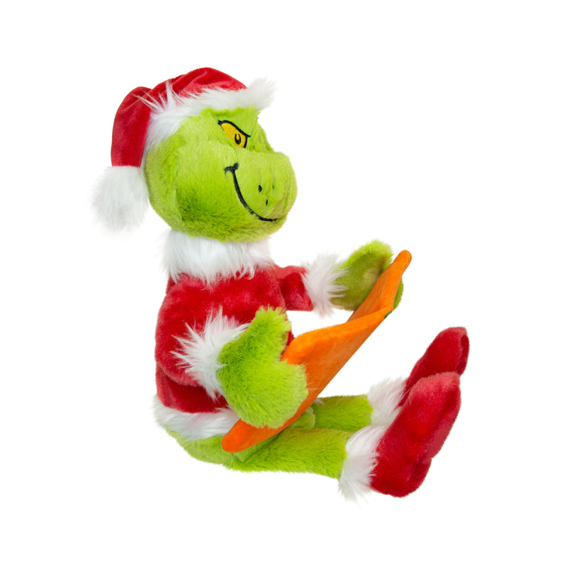 40.64cm plush Grinch in Santa suit reading a book, soft and cuddly holiday toy