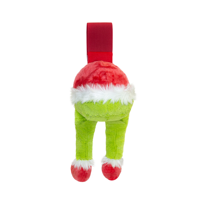 Grinch-themed Christmas stocking with green legs, and red boots.