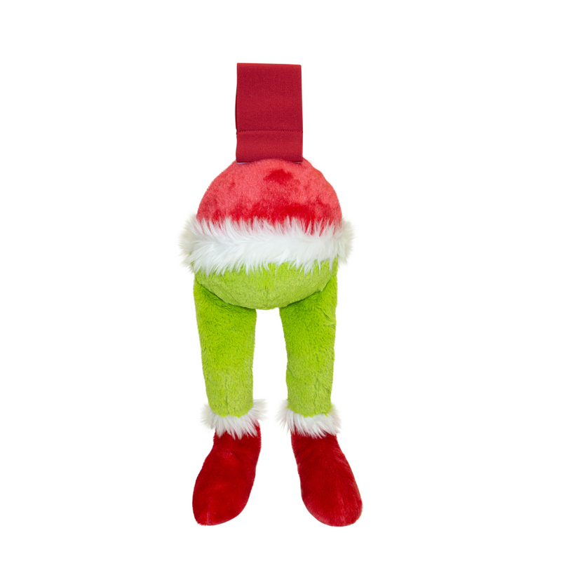 Grinch-themed Christmas stocking with green legs, and red boots.