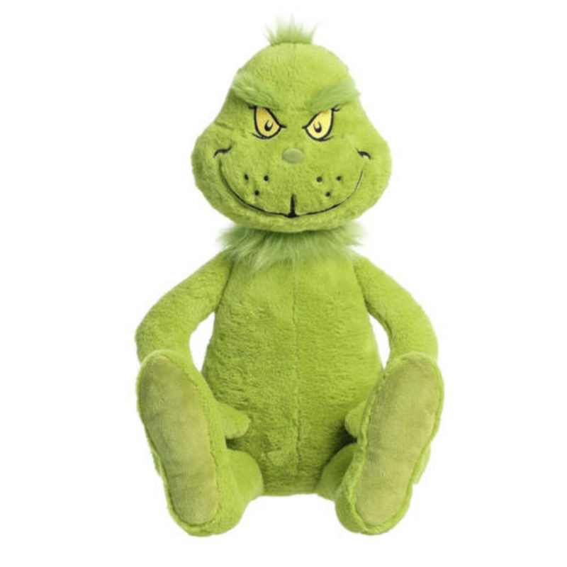 Plush toy of the Grinch from Dr. Seuss, standing 86cm tall with green fur and mischievous smile