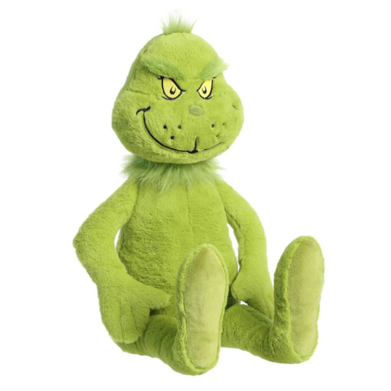 Plush toy of the Grinch from Dr. Seuss, standing 86cm tall with green fur and mischievous smile
