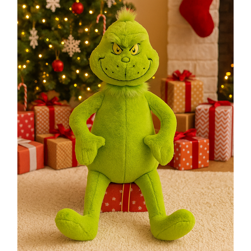 Plush toy of the Grinch from Dr. Seuss, standing 86cm tall with green fur and mischievous smile