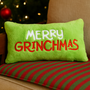 Rectangular 76x35cm Merry Grinchmas cushion featuring the Grinch in festive colors on soft plush fabric.