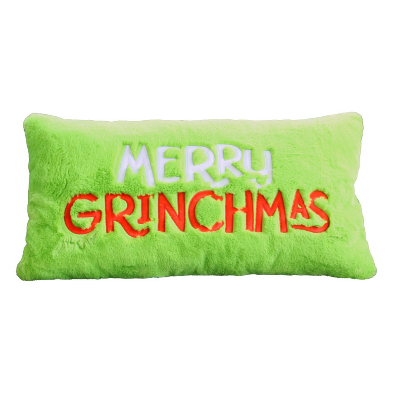 Rectangular 76x35cm Merry Grinchmas cushion featuring the Grinch in festive colors on soft plush fabric.