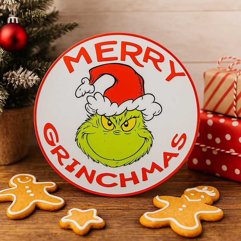 Dr. Seuss Round Merry Grinchmas Sign 38cm with colorful Grinch design and festive holiday message.